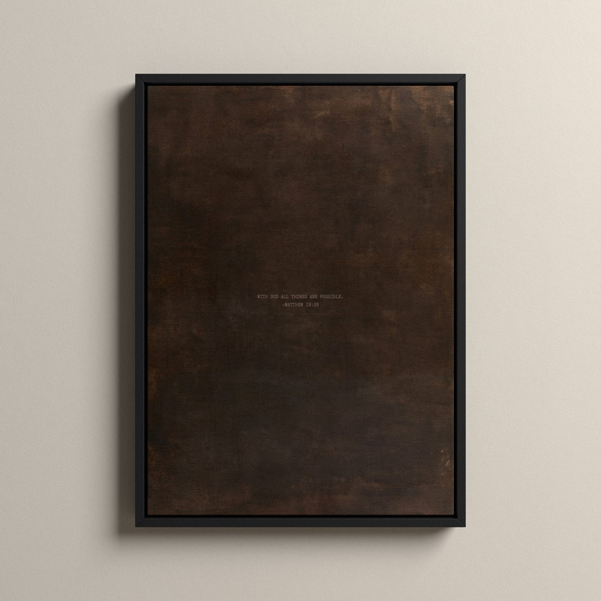 PATINA 01 Scripture canvas with Matthew 19:26 in a black floating frame