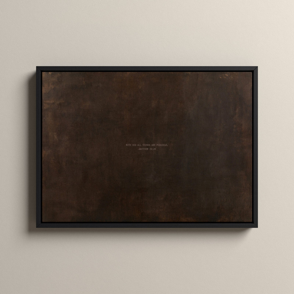 PATINA 01 Scripture canvas with Matthew 19:26 in a black floating frame