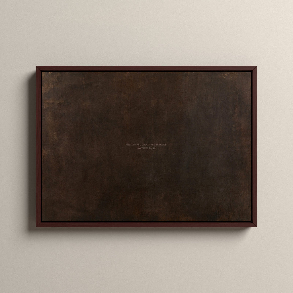 PATINA 01 Scripture canvas with Matthew 19:26 in a walnut floating frame