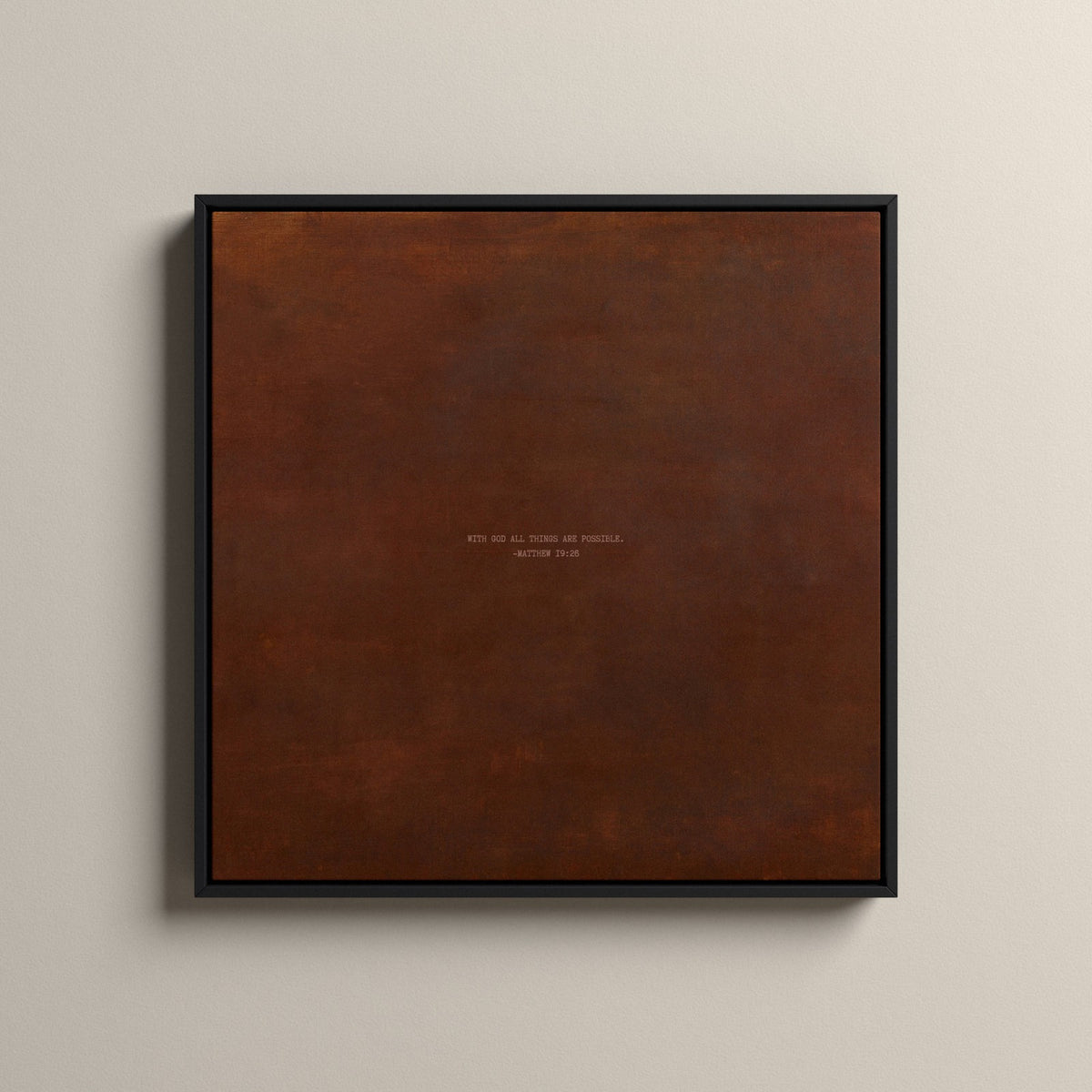 PATINA 02 Scripture canvas with Matthew 19:26 in a black floating frame