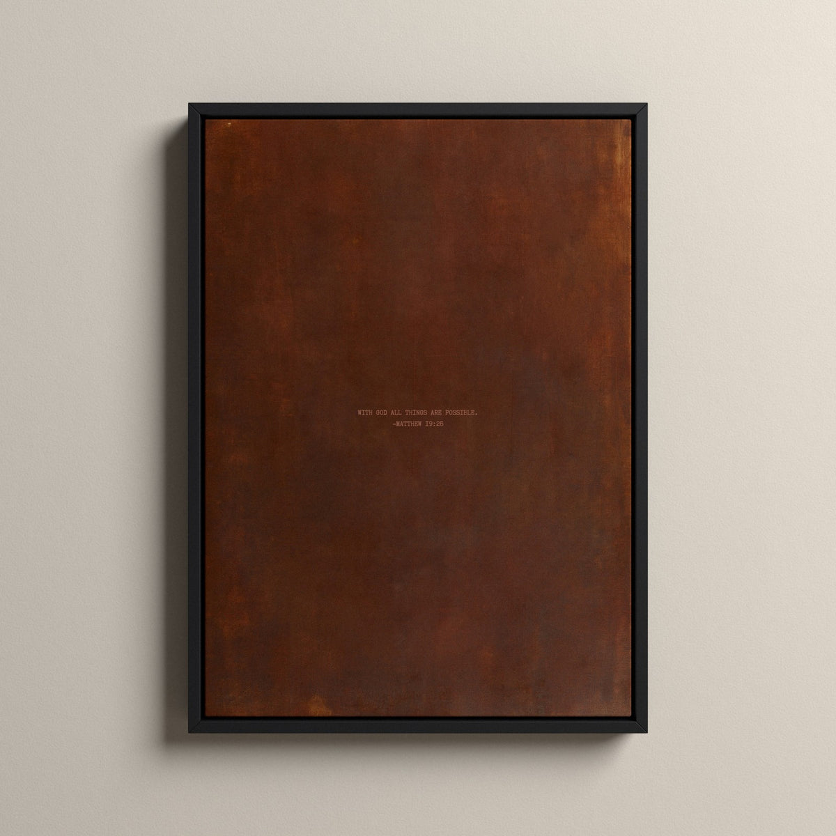 PATINA 02 Scripture canvas with Matthew 19:26 in a black floating frame