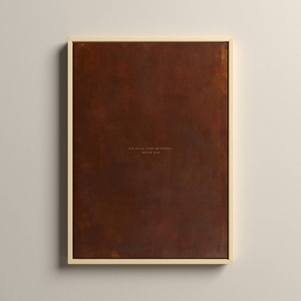 PATINA 02 Scripture canvas with Matthew 19:26 in a natural floating frame