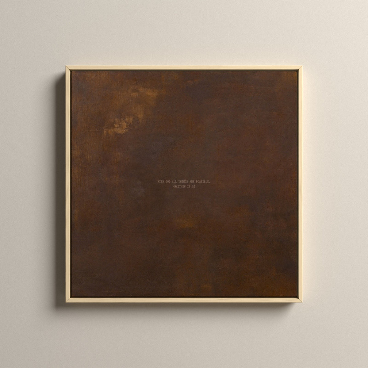 PATINA 03 Scripture canvas with Matthew 19:26 in a natural floating frame