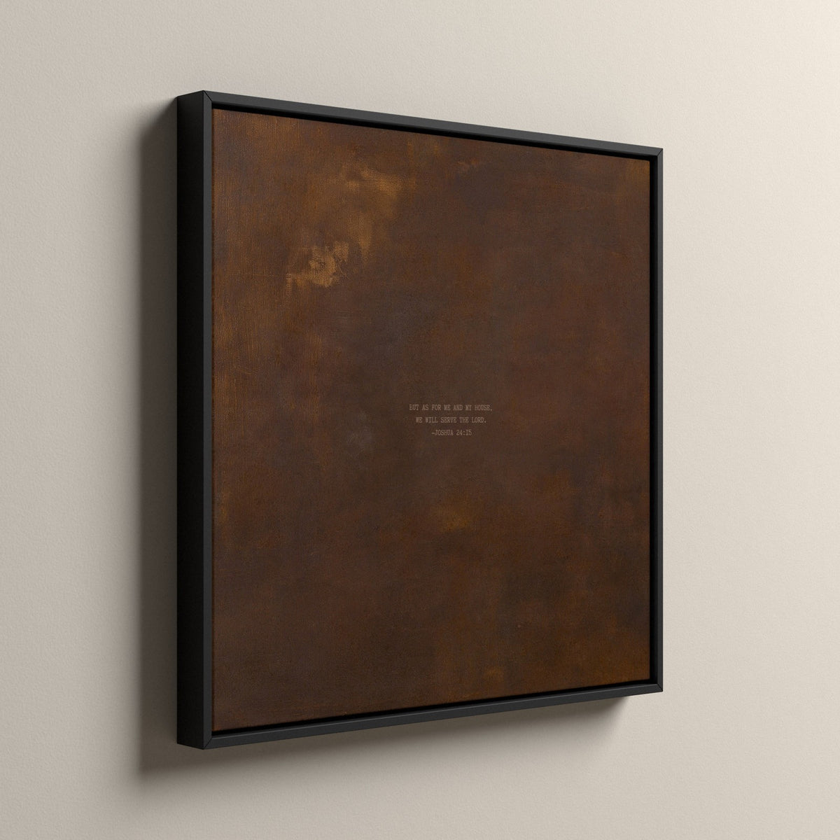 PATINA 03 Scripture canvas in a black floating frame, side view