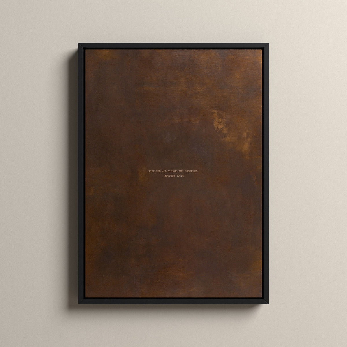 PATINA 03 Scripture canvas with Matthew 19:26 in a black floating frame