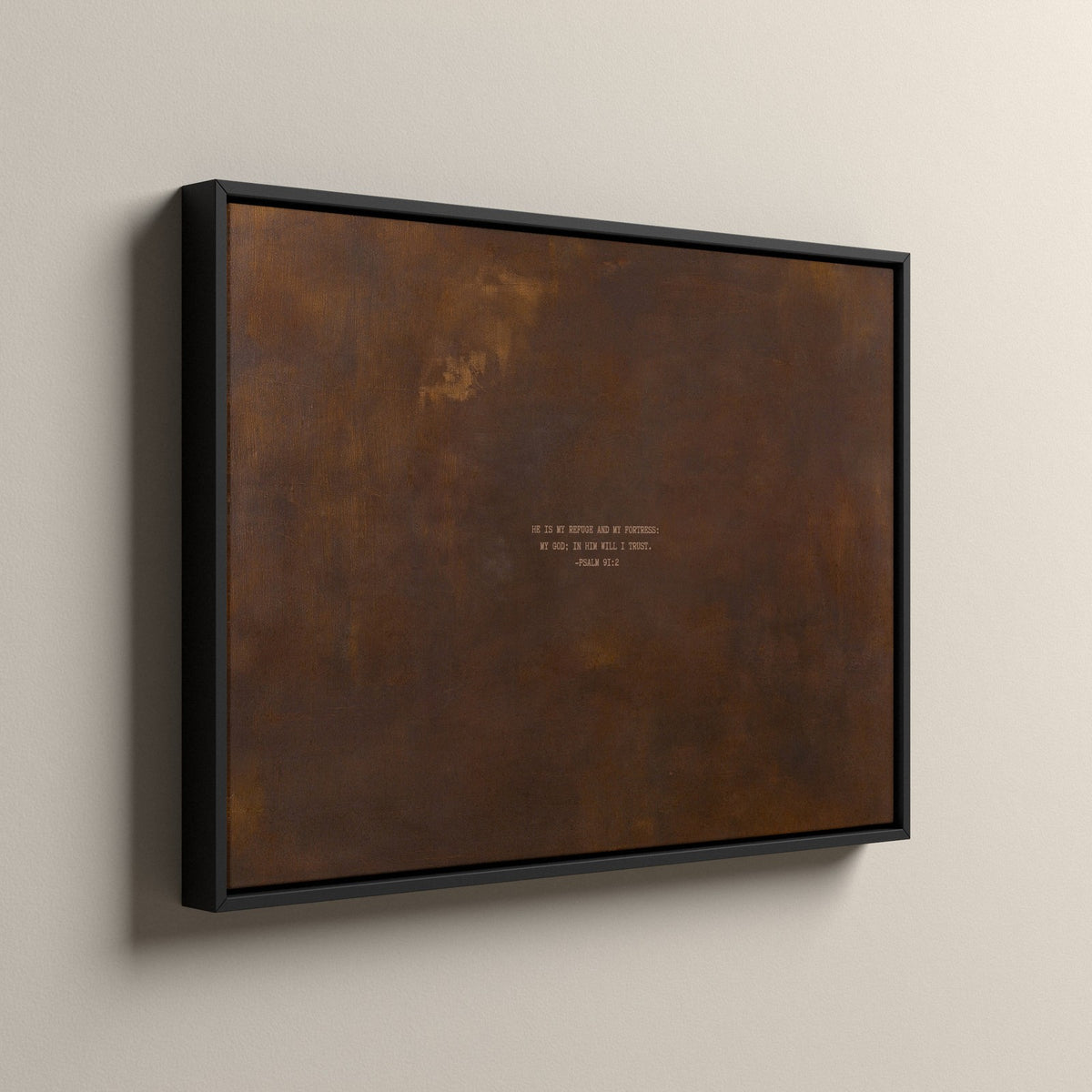 PATINA 03 Scripture canvas in a black floating frame, side view
