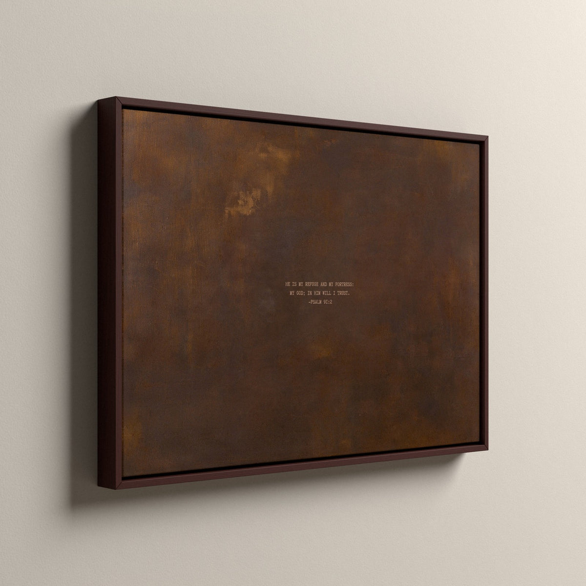 PATINA 03 Scripture canvas in a walnut floating frame, side view