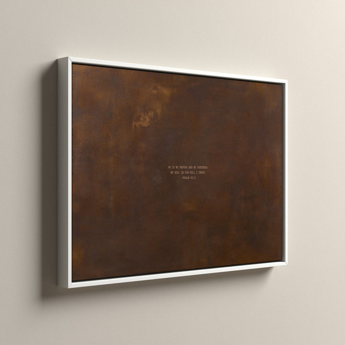 PATINA 03 Scripture canvas in a white floating frame, side view