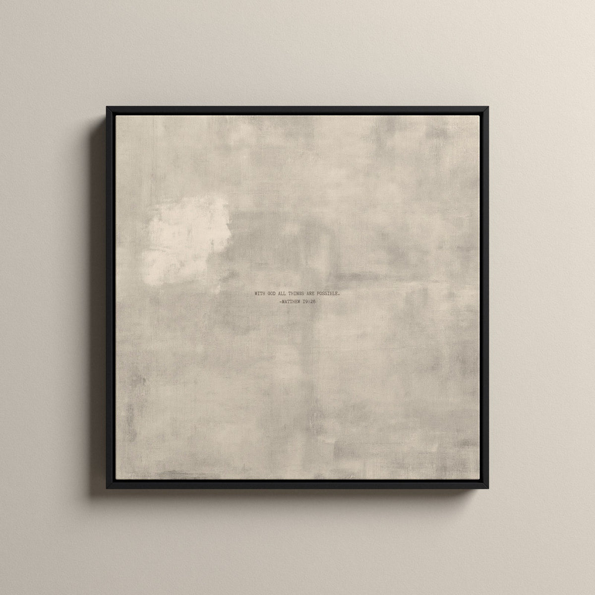 Patina 04 Scripture canvas with Matthew 19:26, in a black floating frame