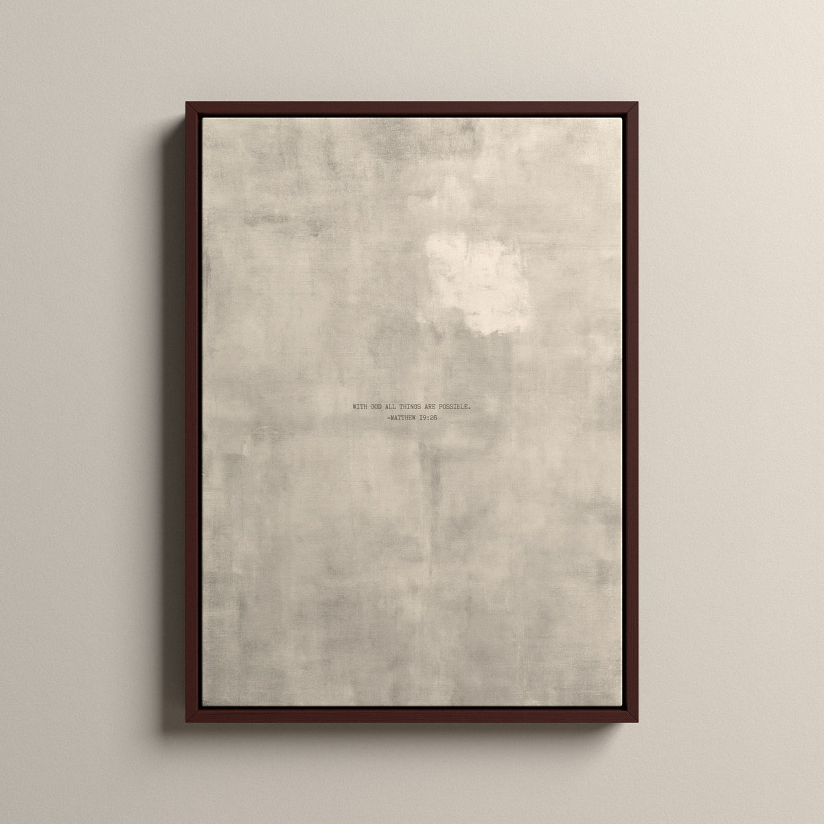 PATINA 04 Scripture canvas with Matthew 19:26 in a walnut floating frame