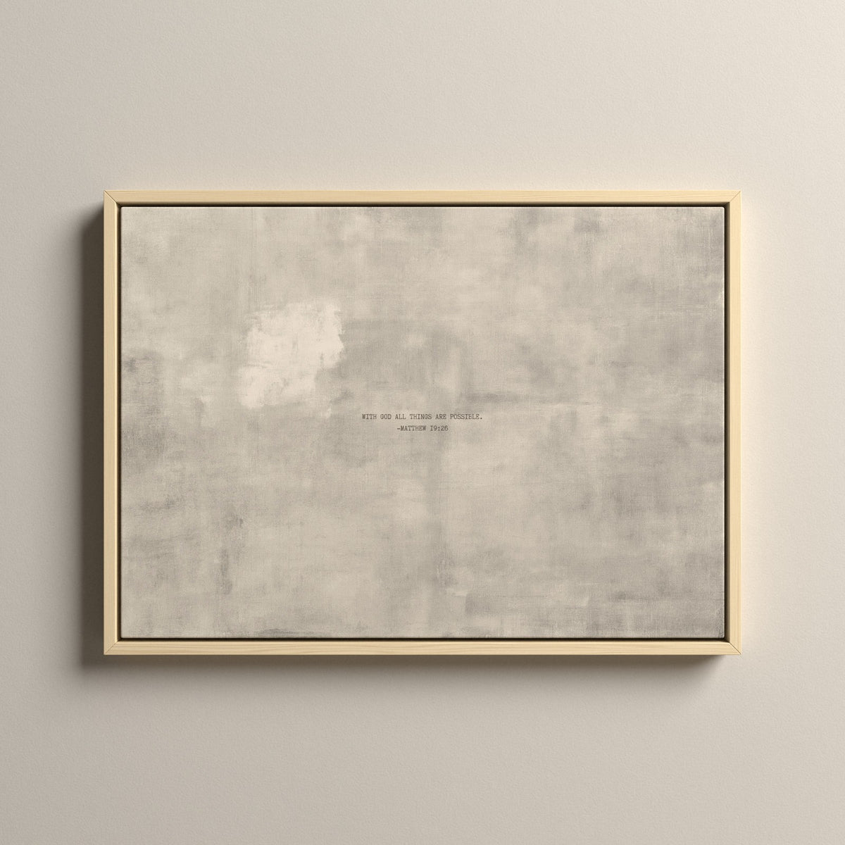 PATINA 04 Scripture canvas with Matthew 19:26 in a natural floating frame