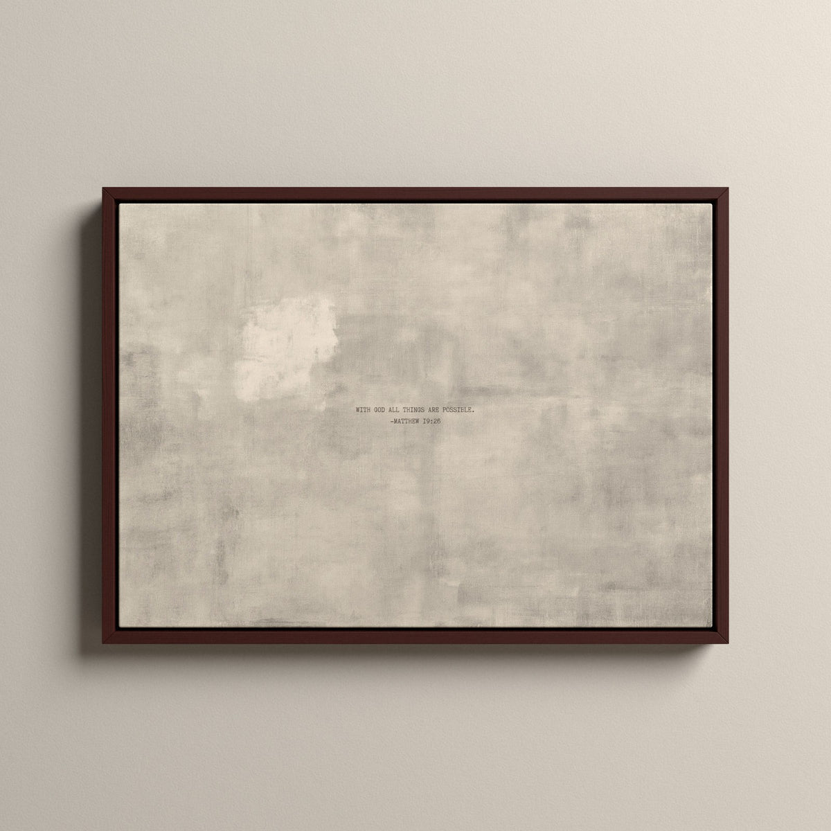 PATINA 04 Scripture canvas with Matthew 19:26 in a walnut floating frame