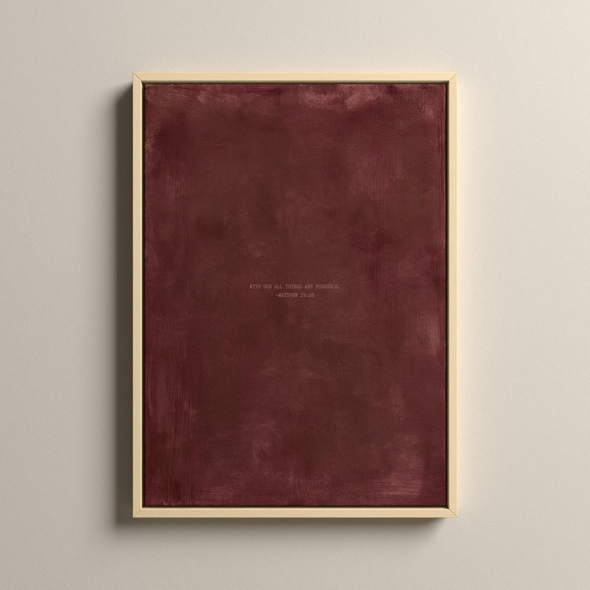 Redwood Scripture canvas with Matthew 19:26 in a natural floating frame