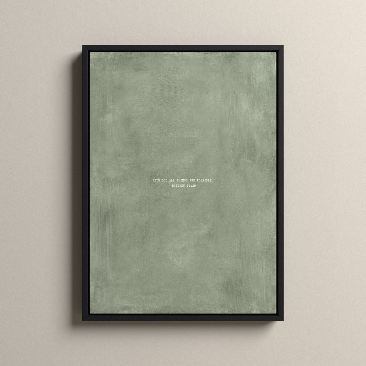 Sage Scripture canvas with Matthew 19:26 in a black floating frame