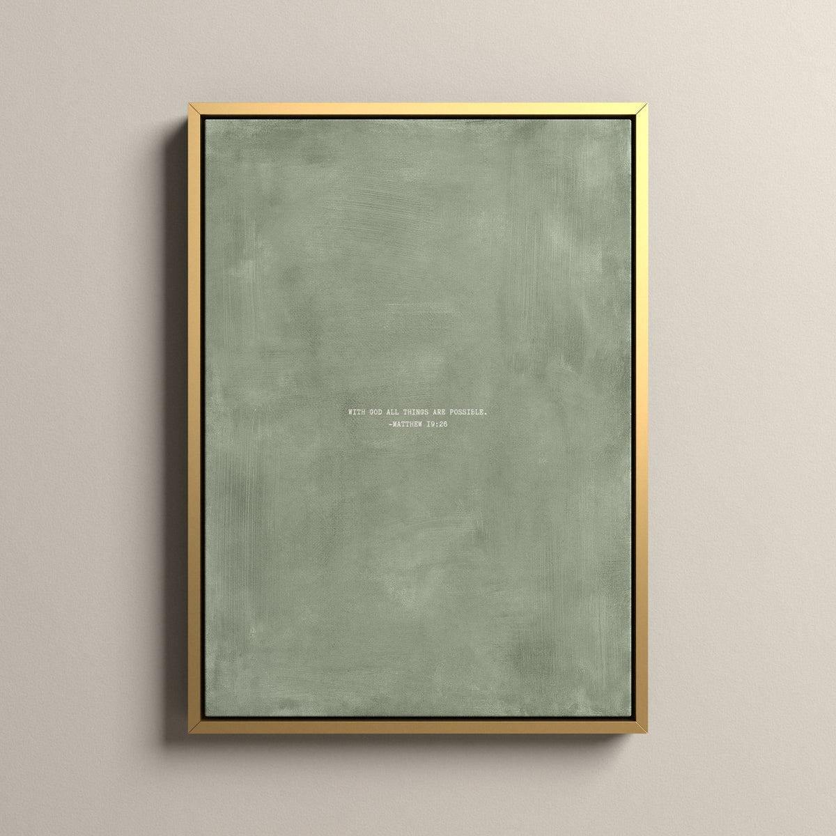 Sage Scripture canvas with Matthew 19:26 in a gold floating frame