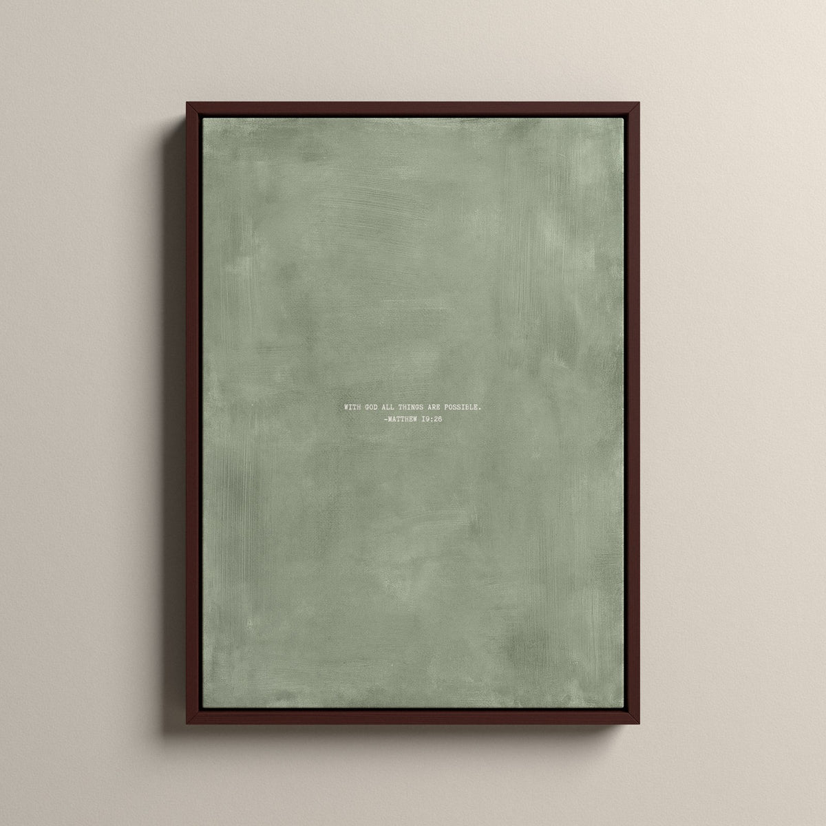 Sage Scripture canvas with Matthew 19:26 in a walnut floating frame