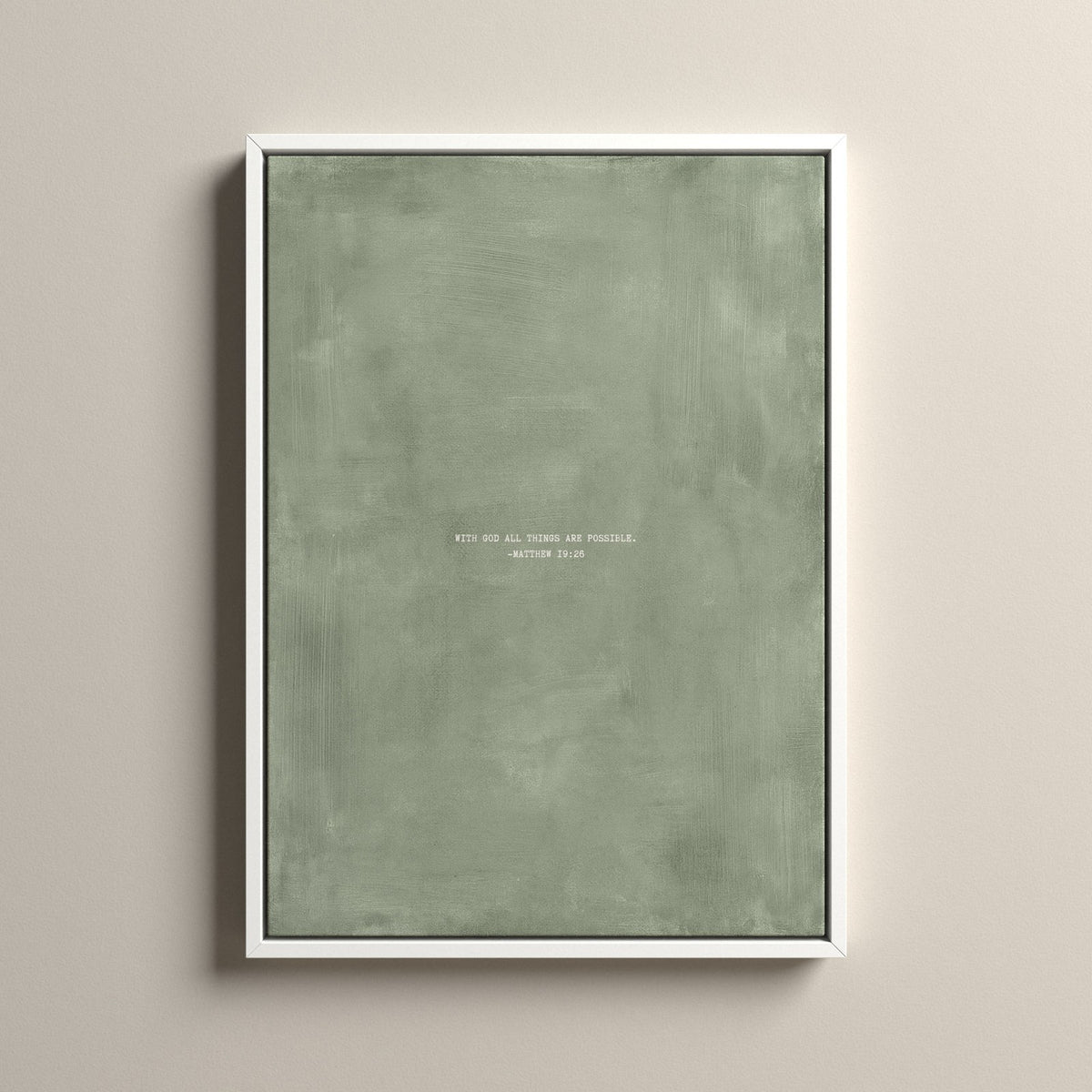 Sage Scripture canvas with Matthew 19:26 in a white floating frame