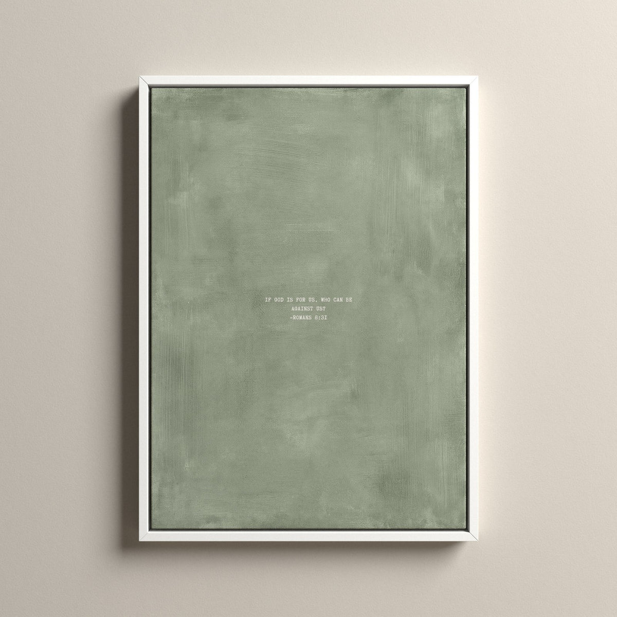 Sage Scripture canvas with Romans 8:31 in a white floating frame