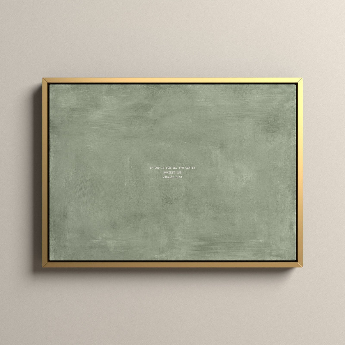 Sage Scripture canvas with Romans 8:31 in a gold floating frame