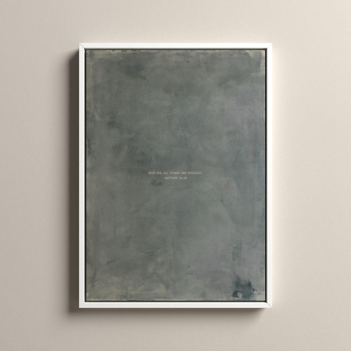 Zinc Scripture canvas with Matthew 19:26 in a white floating frame