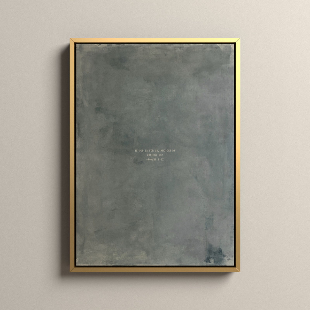 Zinc Scripture canvas with Romans 8:31 in a gold floating frame