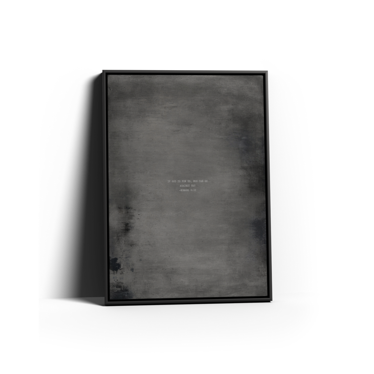 Graphite Scripture canvas with Romans 8:31 in a black frame