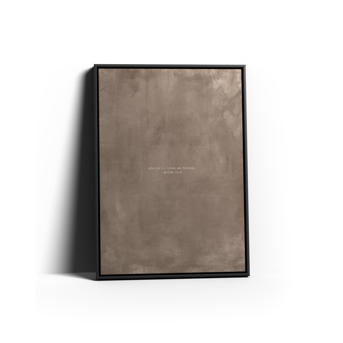Taupe Scripture canvas with Matthew 19:26 in a black frame