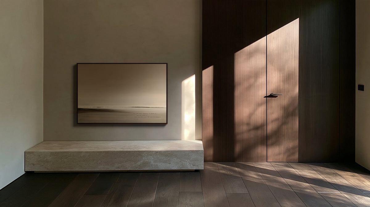 Haze from the Horizon collection in an espresso frame in a hallway