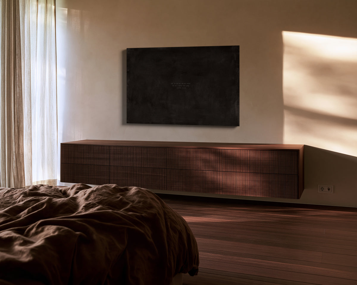 House of Grace canvas, Charcoal, in the bedroom