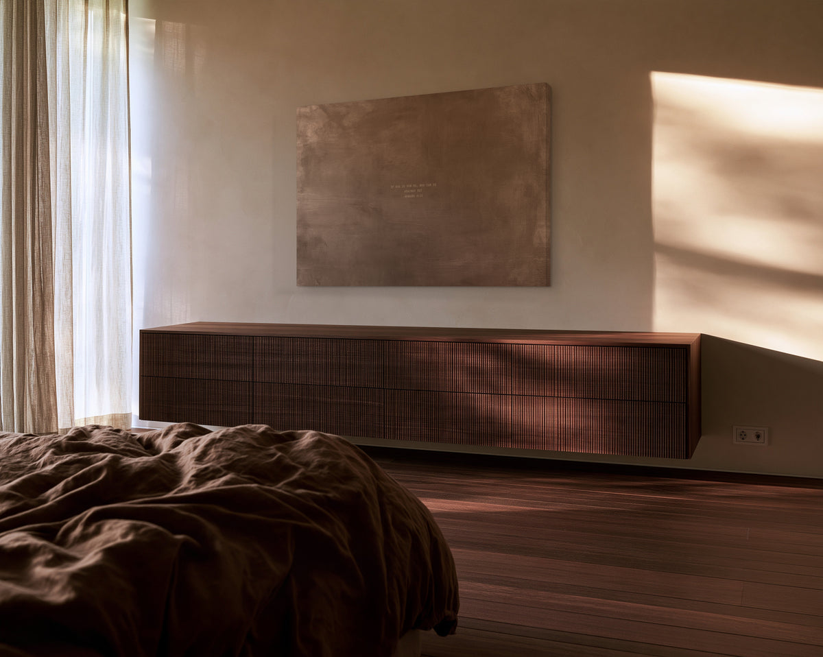 Taupe from House of Grace, modern Christian canvas art, above a walnut sideboard in a bedroom