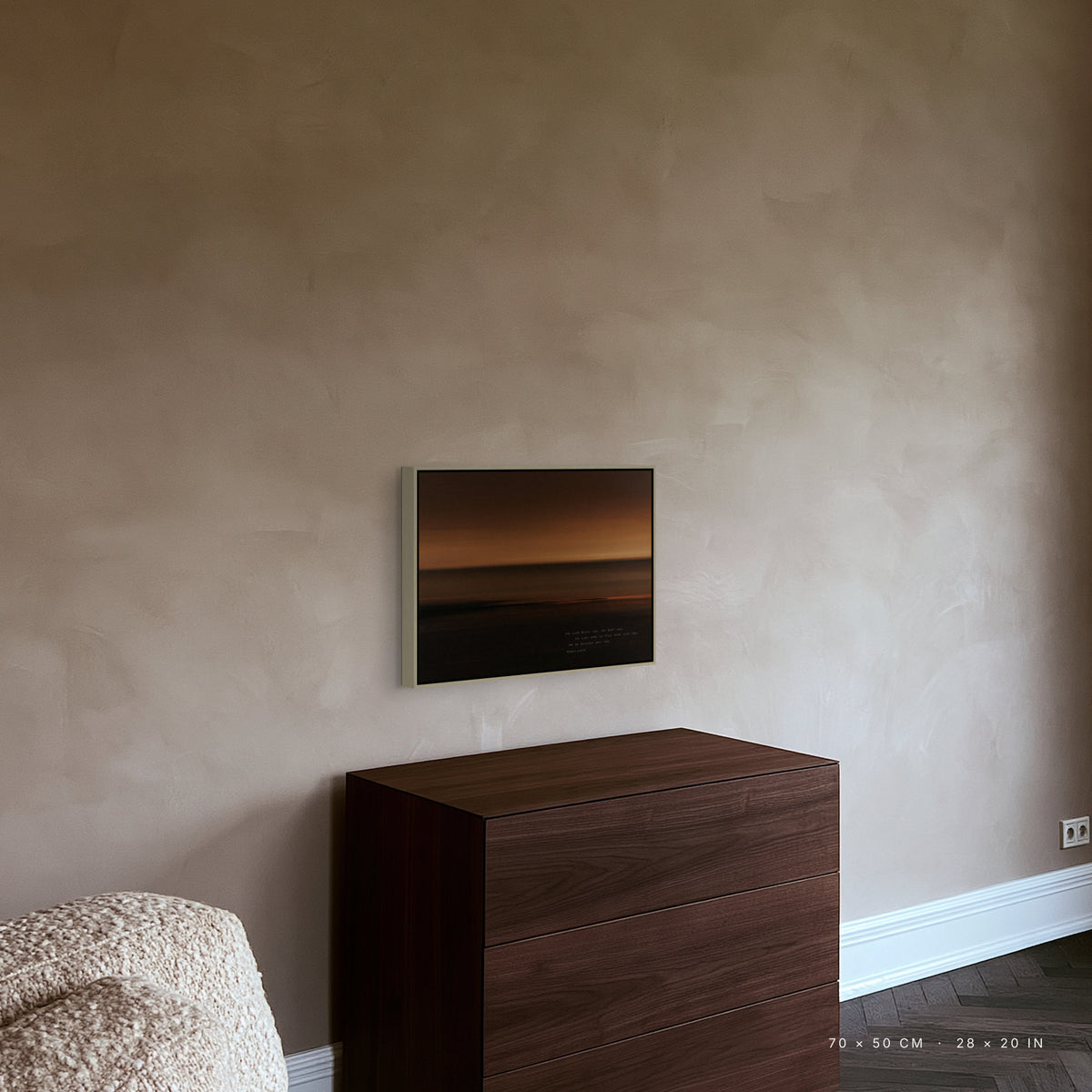 Amber canvas, 70 x 50 cm, natural floating frame, above a chest of drawers in a living room