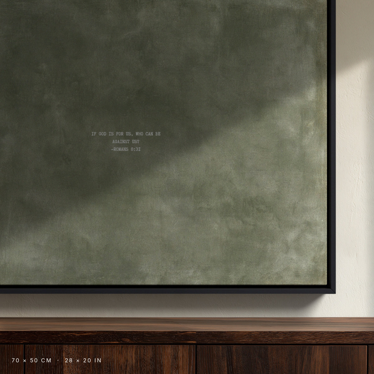 Army Green canvas, 70 × 50 cm, black floating frame, close-up in an Amsterdam interior