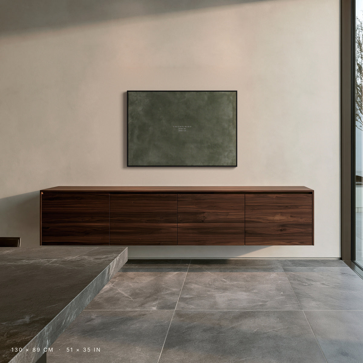 Army Green canvas, 130 × 89 cm, black floating frame, in a dining room