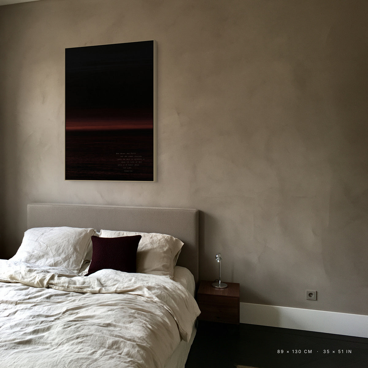 Claret canvas, 89 x 130 cm, natural floating frame, above a bed in a bedroom