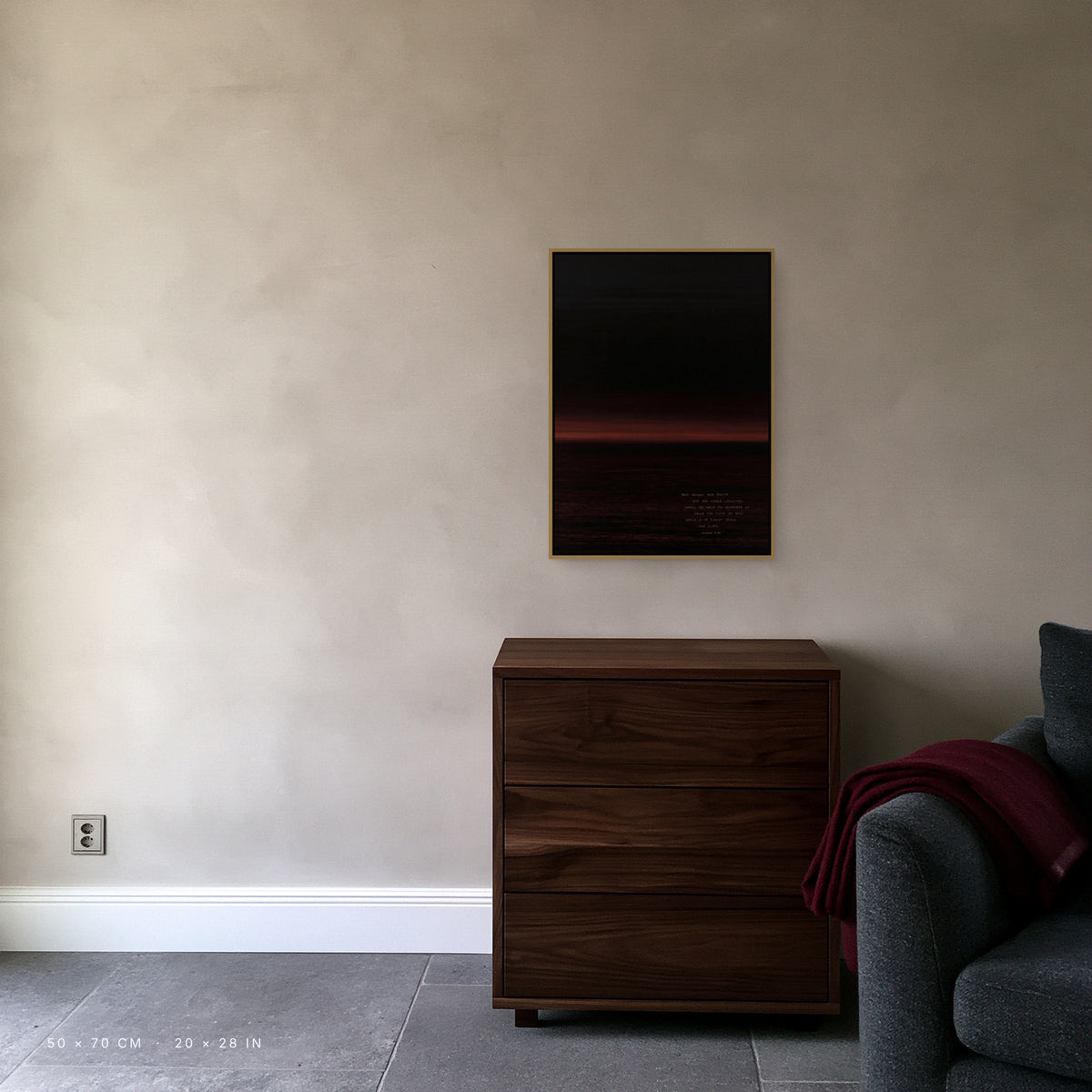 Claret canvas, 50 x 70 cm, gold floating frame, above a chest of drawers in a living room