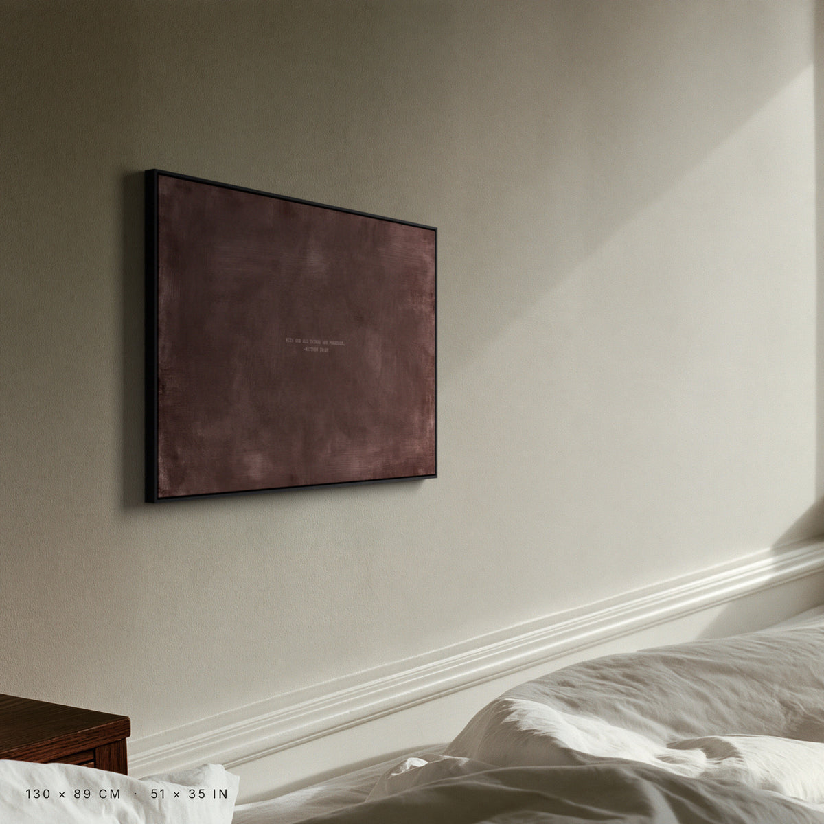 Deep Rose canvas, 130 × 89 cm, black floating frame, close-up in a Stockholm bedroom