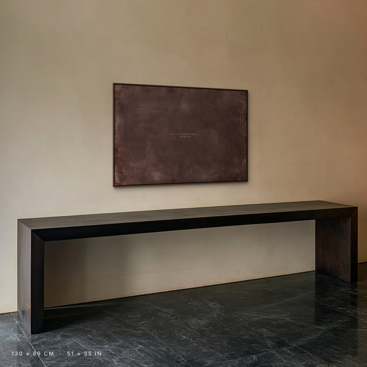 Deep Rose canvas, 130 × 89 cm, espresso floating frame, above a dark wood console in a villa entrance hall