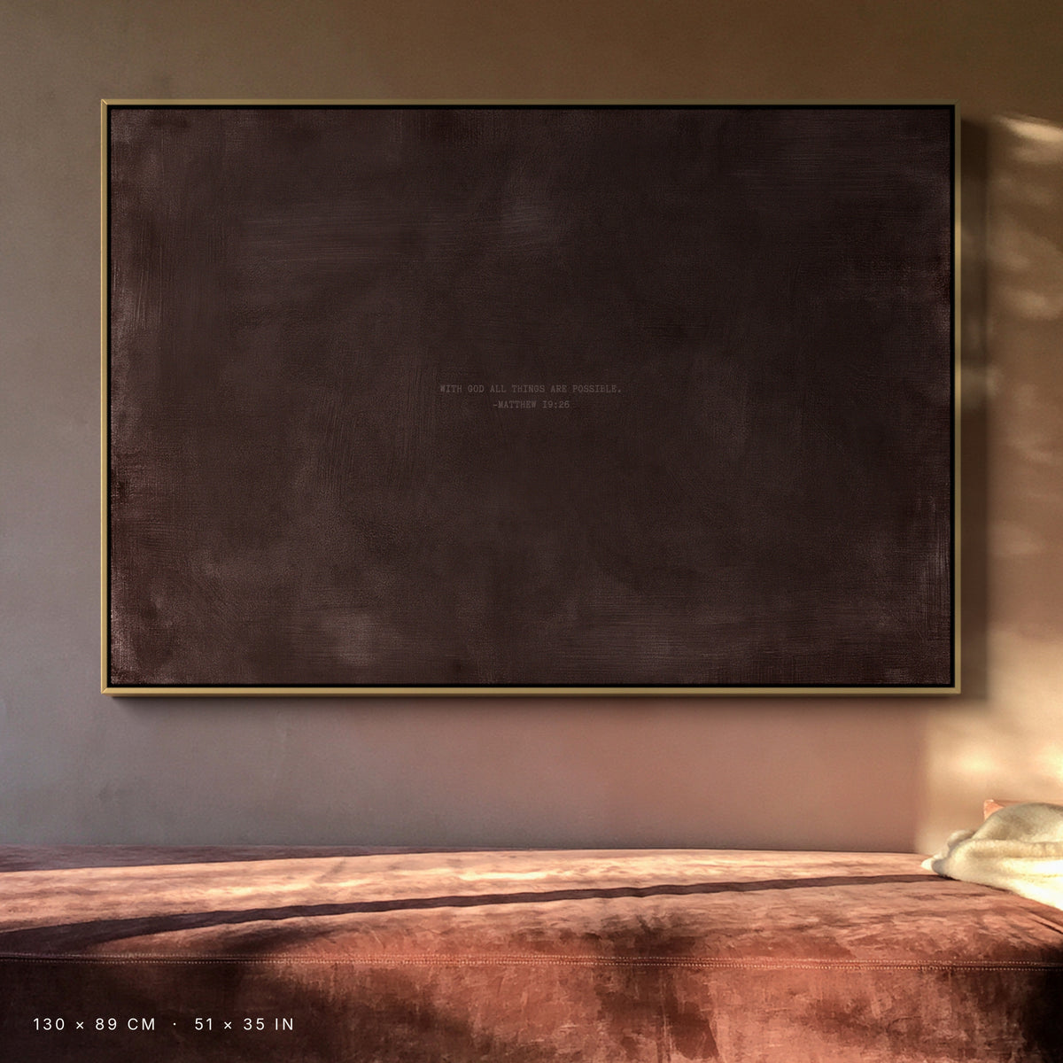 Deep Rose canvas, 130 × 89 cm, gold floating frame, above a rose velvet sofa in a villa living room