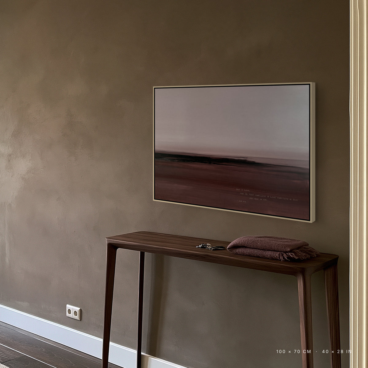 Dusk canvas, 100 x 70 cm, natural floating frame, above a console table in a hallway