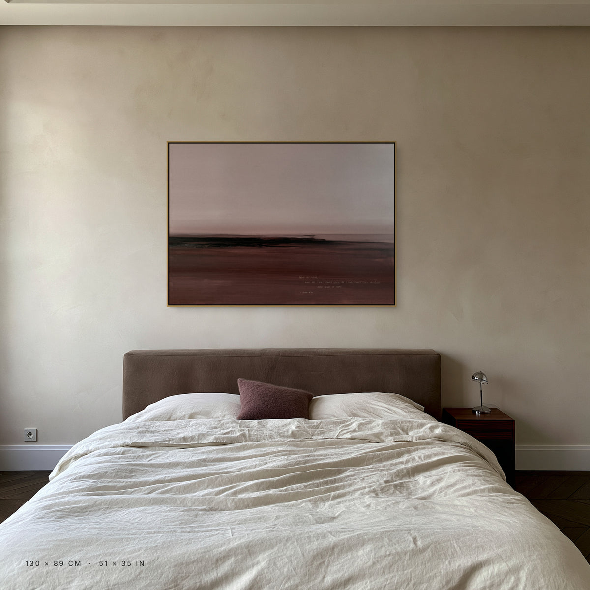 Dusk canvas, 130 x 89 cm, gold floating frame, above a bed in a bedroom
