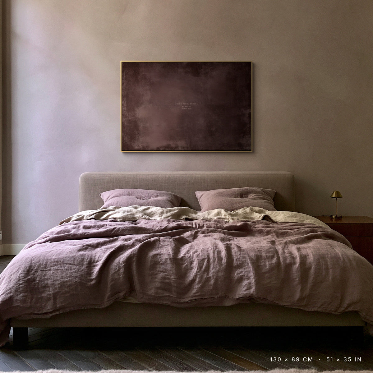 Dusty Mauve canvas, 130 × 89 cm, gold floating frame, above an upholstered bed in a Paris bedroom