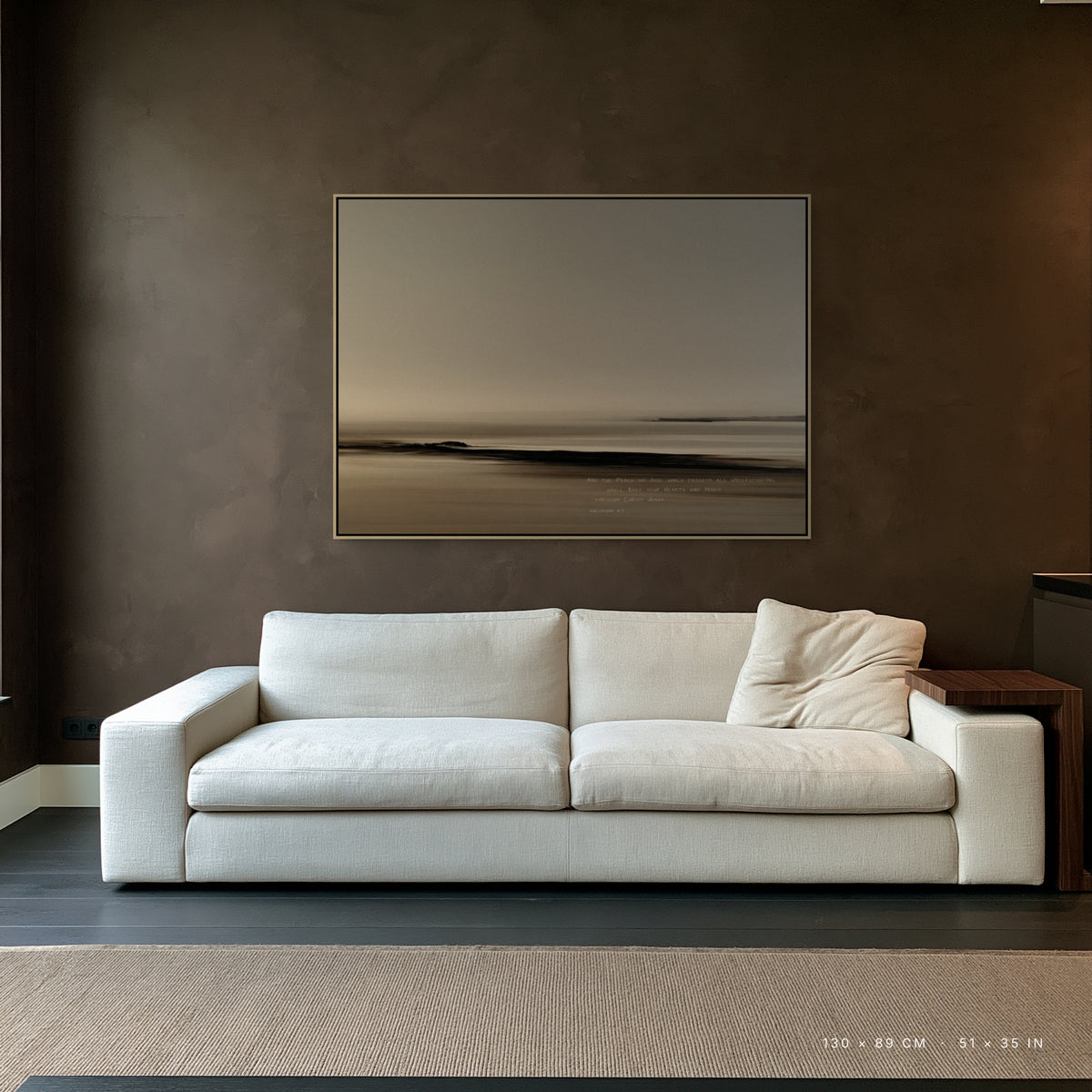 Ebb canvas, 130 x 89 cm, natural floating frame, above a sofa in a living room
