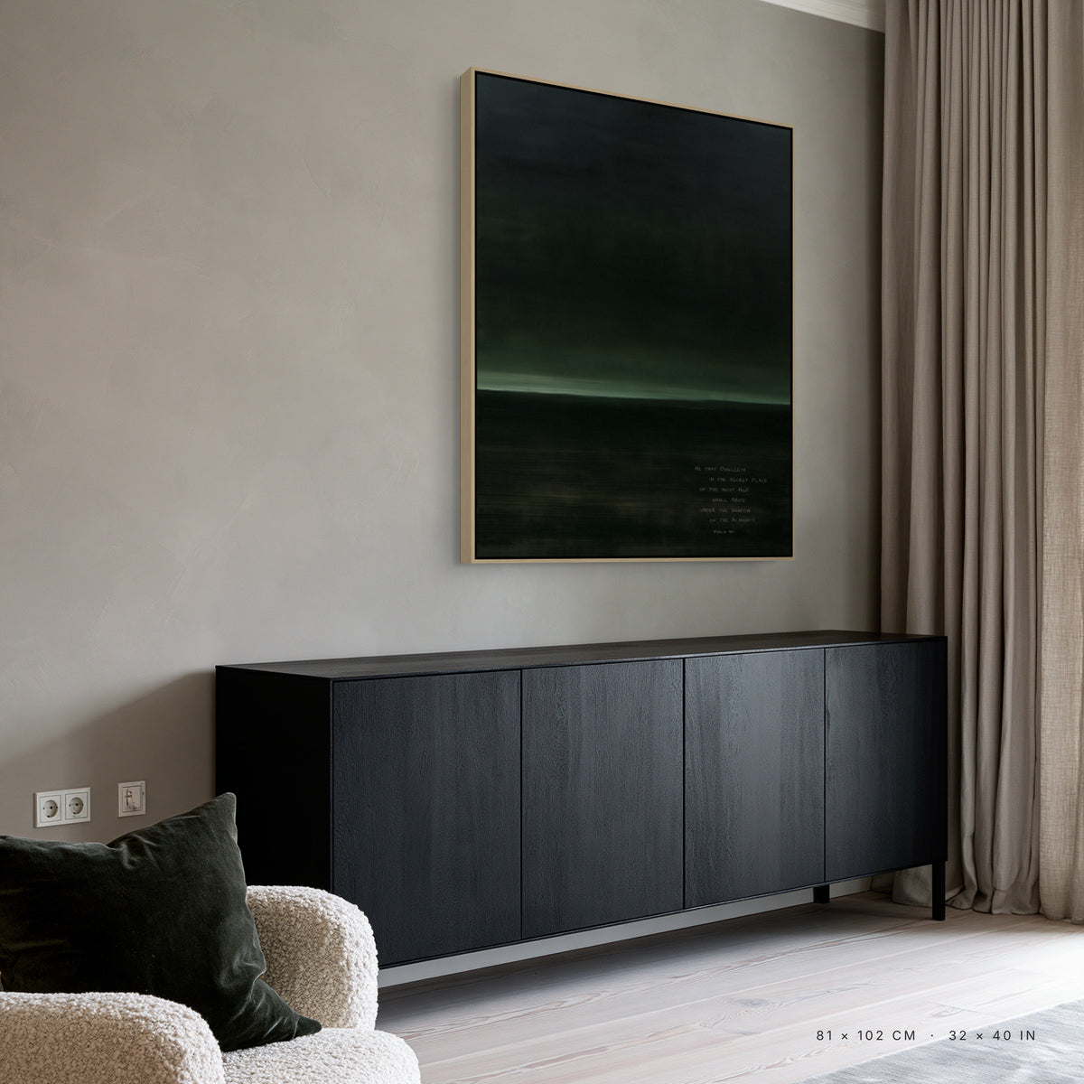 Haven canvas, 81 x 102 cm, natural floating frame, above a sideboard in a living room