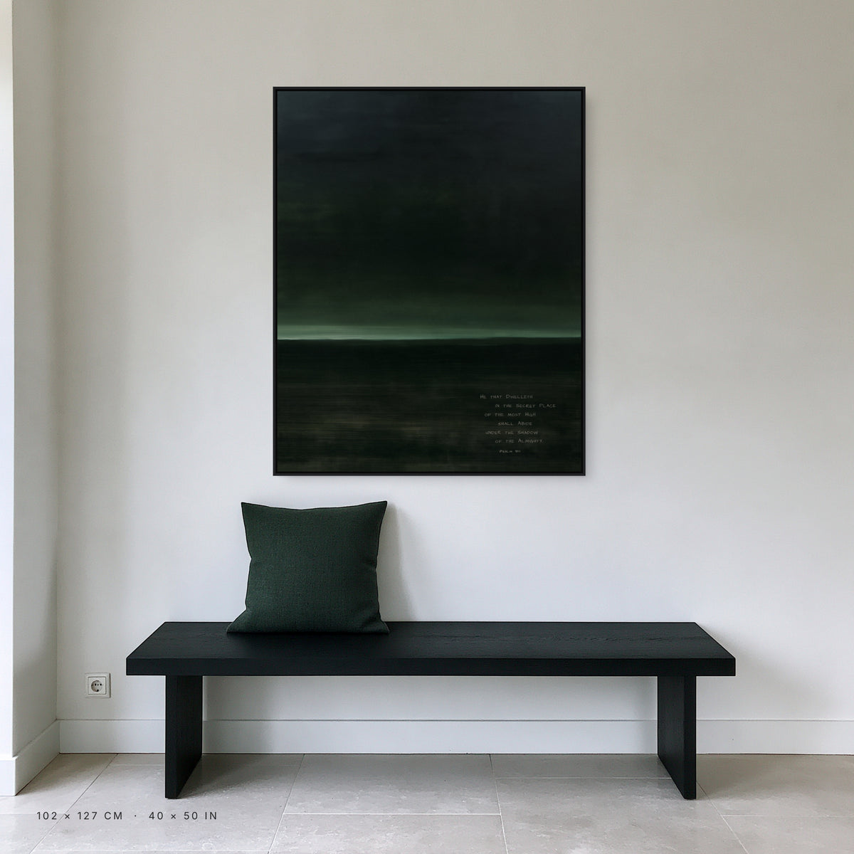 Haven canvas, 102 x 127 cm, black floating frame, above a bench in a hallway
