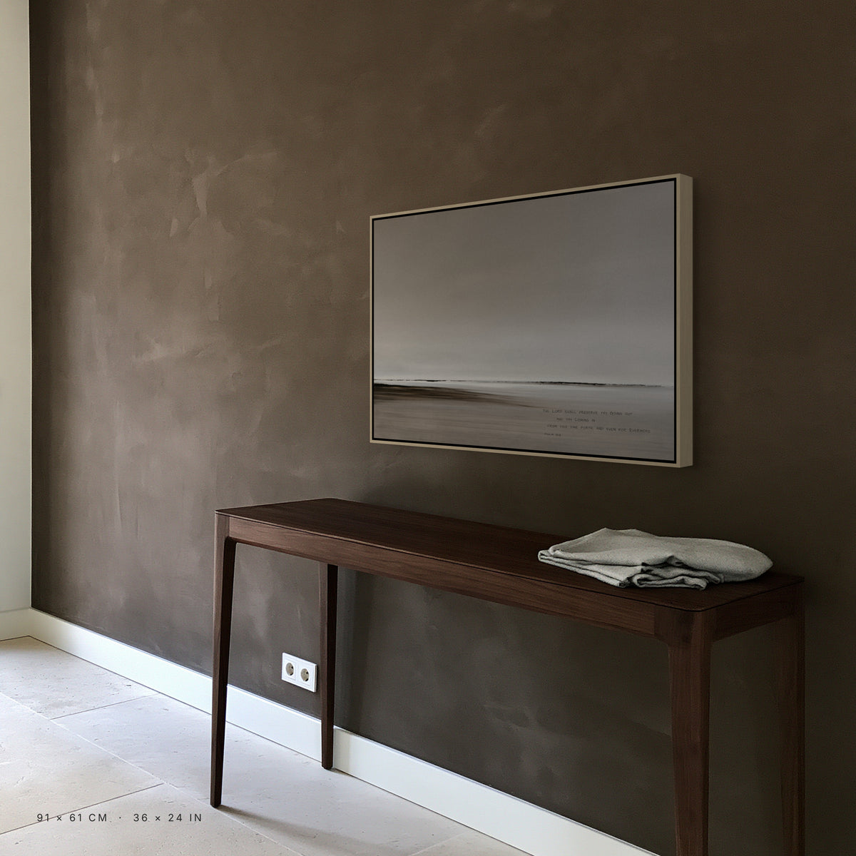 Haze canvas, 91 x 61 cm, natural floating frame, above a console table in a hallway