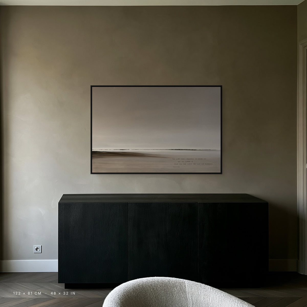 Haze canvas, 122 x 81 cm, black floating frame, above a sideboard in a dining room