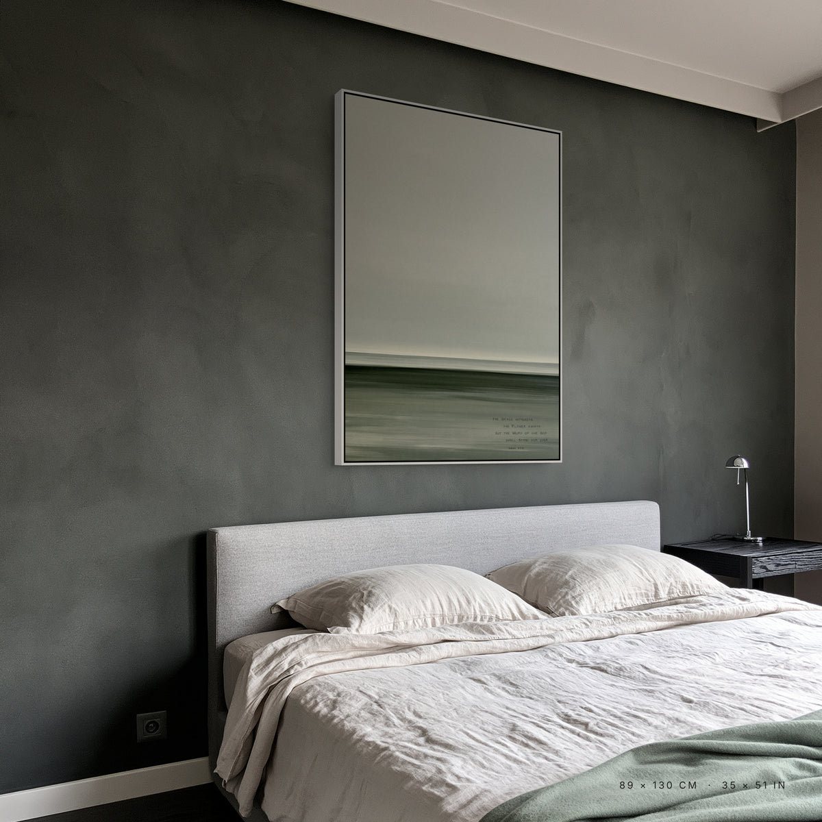 Lea canvas, 89 x 130 cm, white floating frame, above a bed in a bedroom