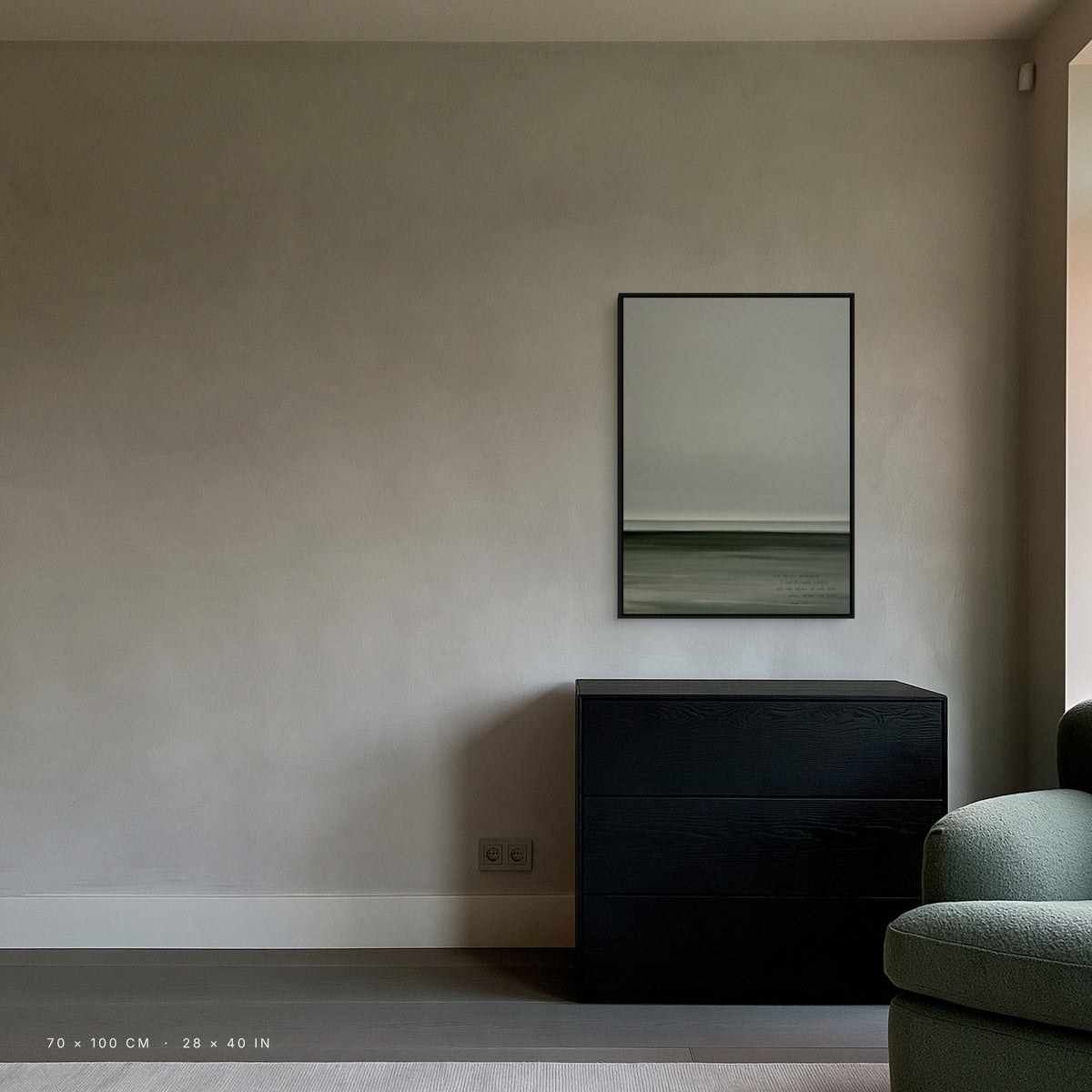 Lea canvas, 70 x 100 cm, black floating frame, above a chest of drawers in a living room