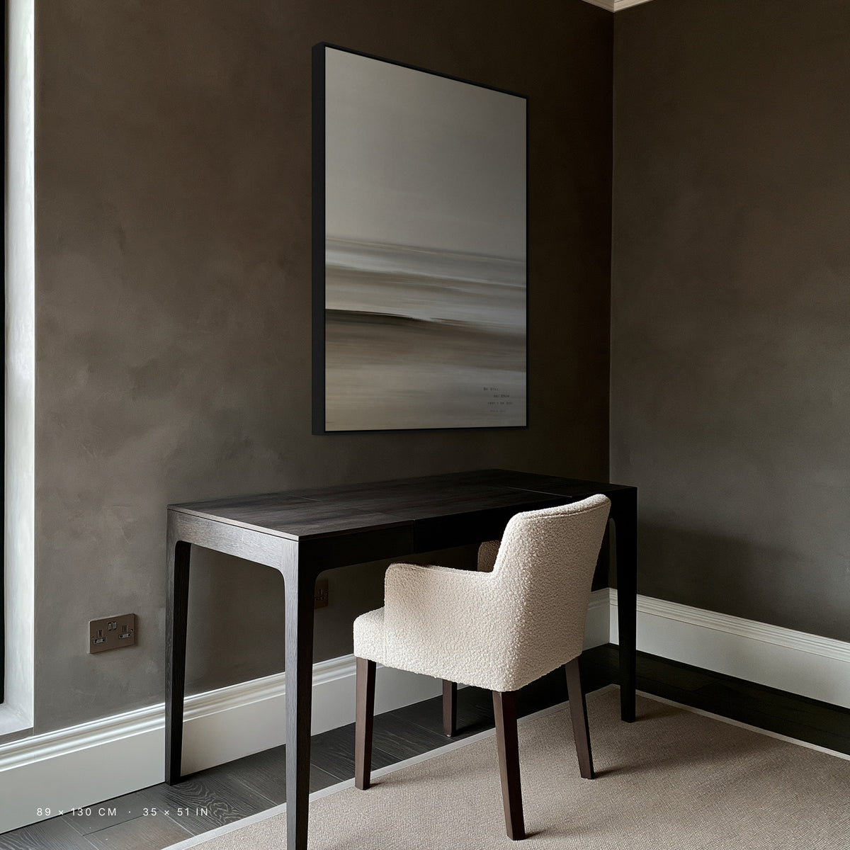 Linen canvas, 89 x 130 cm, black floating frame, above a desk in a study