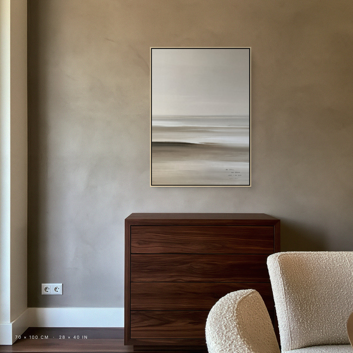 Linen canvas, 70 x 100 cm, natural floating frame, above a chest of drawers in a living room